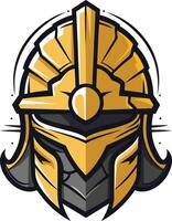 A fierce and stylized golden helmet with a sharp crest, perfect for a gaming logo, sports team emblem, or any project requiring a powerful and impactful design vector