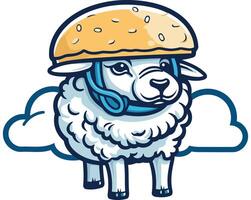 A cute sheep wearing a burger helmet, floating on a cloud vector