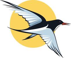 A stylized illustration of a bird in flight, with a yellow sun behind it vector