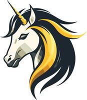 A bold and stylized illustration of a unicorn's head, with a black mane and flowing golden horn vector