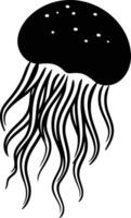 A simple black and white illustration of a jellyfish with flowing tentacles vector