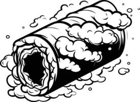 Black and white illustration of a tattoo design with a dark cylindrical object surrounded by swirling clouds of smoke vector