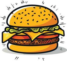 A cheerful cartoon illustration of a juicy burger with cheese, lettuce, tomato, and sesame seed bun vector