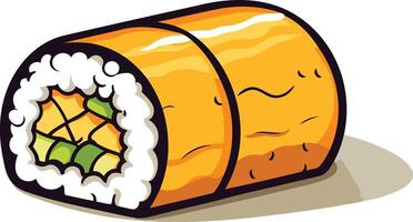 A cartoon illustration of a delicious sushi roll with avocado and fish filling, perfect for menus, restaurant branding, or social media vector