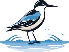A stylized illustration of a blue and black shorebird standing in a wave, perfect for logo design, branding, or nature themed projects vector