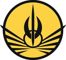 Abstract logo with a central, stylized spear, surrounded by stylized wings on a yellow circle vector