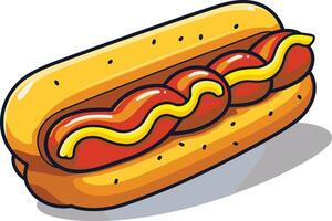 A cartoon hot dog with mustard and ketchup, perfect for food-related projects, menus, or social media vector