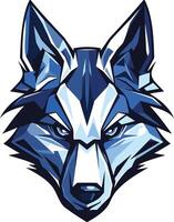 A powerful and fierce blue wolf head, rendered in a sharp, geometric style vector