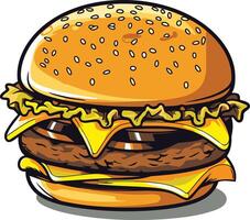 A delicious cartoon burger with lettuce, cheese and a sesame seed bun vector