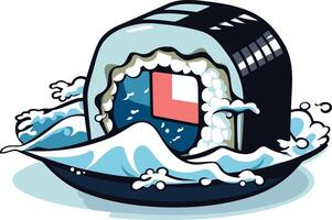 A cartoon illustration of a sushi roll partially submerged in a wave, featuring a playful design with vibrant colors vector