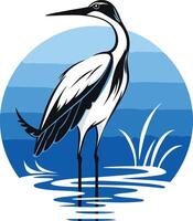 Elegant heron silhouette standing in a blue water pond with reeds vector