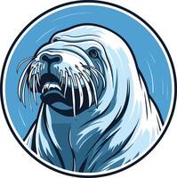 A bold, graphic illustration of a walrus's face, captured in a circular frame with a blue ocean background vector