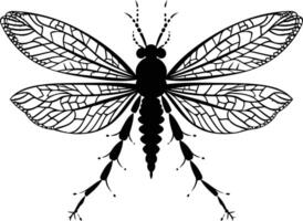 Black and white silhouette of a mayfly insect with intricate wing detail vector