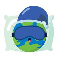 A cartoon earth in a sleeping mask and hat vector