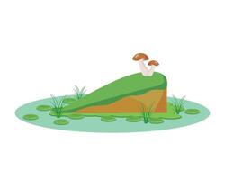 A mushroom and a piece of cake sitting on top of a piece of grass vector