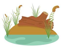 A log and grass in the water with a log on top vector