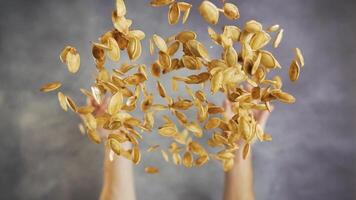 Toasted pumpkin seeds throw in slow motion video