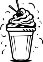 Black and white element illustration of a milkshake with whipped cream and a cherry on top vector