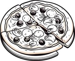 A delicious, hand drawn illustration of a pizza with a slice removed, perfect for menus, food blogs, and social media posts vector