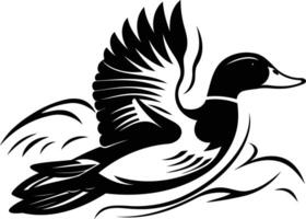 A bold black and white illustration of a flying duck, perfect for tattoo designs, branding, or any project needing a powerful nature motif vector