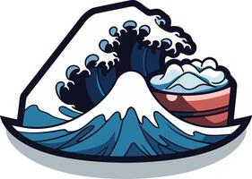 A playful and modern illustration of mount fuji with a giant wave and a red bucket, perfect for branding or designs related to japan, culture, travel, and adventure vector