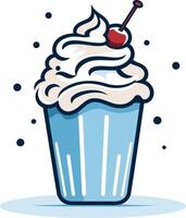 A whimsical cartoon illustration of a blue cupcake with white frosting and a red cherry vector