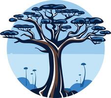 A stylized illustration of a large, imposing tree set against a simple blue sky vector