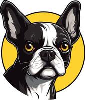 a cute and playful illustration of a french bulldog looking directly at the viewer with a yellow circle background vector