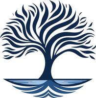 A stylized tree with roots in water, symbolizing growth, connection, and resilience vector