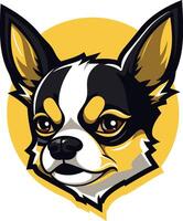 A cartoon illustration of a cute, sassy chihuahua with black and white fur and a yellow sunburst behind it vector