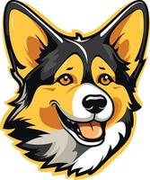 Smiling, cartoon style corgi with black and tan fur, perfect for logos, branding, and social media vector