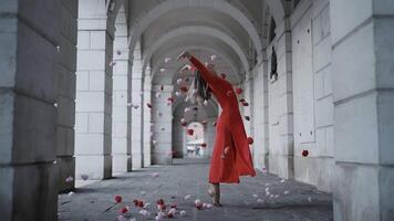 An Elegant Dancer in a Red Dress Surrounded by Colorful Petals video