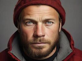 Close-up portrait of a handsome brutal man with a beard and mustache, dressed in winter clothes. photo