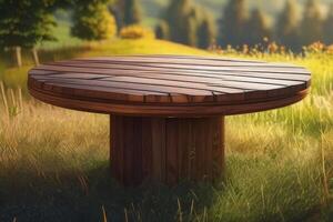 Wooden board empty table in front of blurred background. Perspective brown wood over blur trees in forest - can be used mock up for display or montage your products. photo