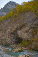 Scenic view of trees and river in the mountains in autumn photo