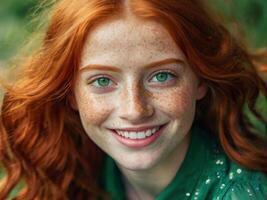 Portrait of a beautiful cheerful redhead girl with green eyes and flowing curly hair, smiling and laughing, looking at the camera. photo