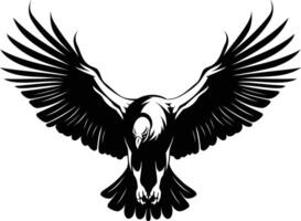 Black and white element illustration of an eagle with wings spread, ready to swoop down vector