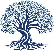 A stylized blue tree with intricate roots, symbolizing growth, strength, and connection vector