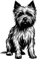 A striking silhouette of a cairn terrier, captured in a classic black and white style vector