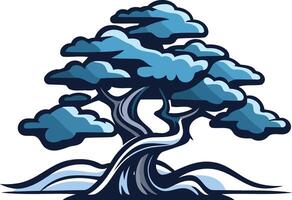 A stylized blue bonsai tree with a thick trunk and branches, representing growth, resilience, and tranquility vector