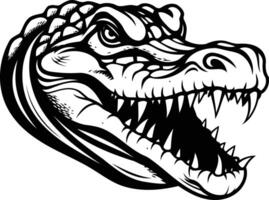 A powerful black and white illustration of an alligator's head, teeth bared in a fierce snarl vector