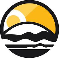 A circular logo featuring a stylized sun setting behind mountains and waves vector