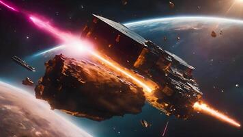 space battle featuring a spacecraft being assaulted by enemy forces, with multiple planets and stars scattered across the cosmos video