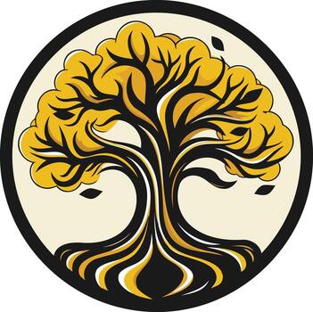 A stylized tree with yellow leaves and a black trunk in a circular frame vector