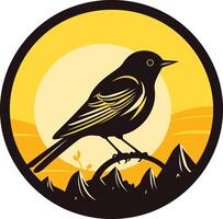 A minimalist silhouette of a bird perched on a branch, set against a yellow sun and mountains, ideal for branding, logos, or nature-inspired designs vector