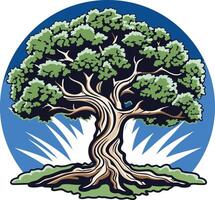 A majestic oak tree stands tall with a lush canopy and spreading roots, symbolizing strength and longevity vector