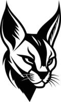 A bold black and white illustration of a caracal's head, with sharp features and a fierce expression vector
