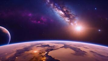 A blue globe in space, orbiting the sun, reflecting light from its surface and atmosphere. video