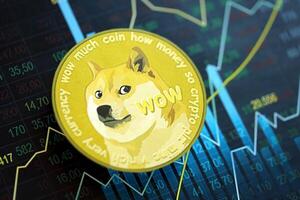 KYIV, UKRAINE - AUGUST 17, 2024 DOGE Meme coin on abstract fictional candlesticks in trading chart in blue color photo