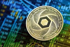 KYIV, UKRAINE - AUGUST 17, 2024 Chainlink LINK coin on cryptocurrency trading chart with calculations in different colors photo
